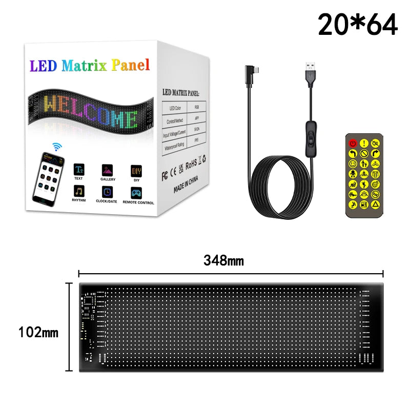 Painel LED RGB para Carro - Matriz de Animação LED Programável Tela Flexível | Controle via App Bluetooth | Luz Personalizável para DIY