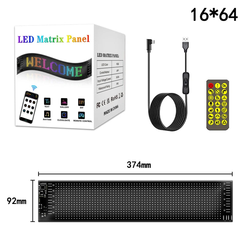 Painel LED RGB para Carro - Matriz de Animação LED Programável Tela Flexível | Controle via App Bluetooth | Luz Personalizável para DIY