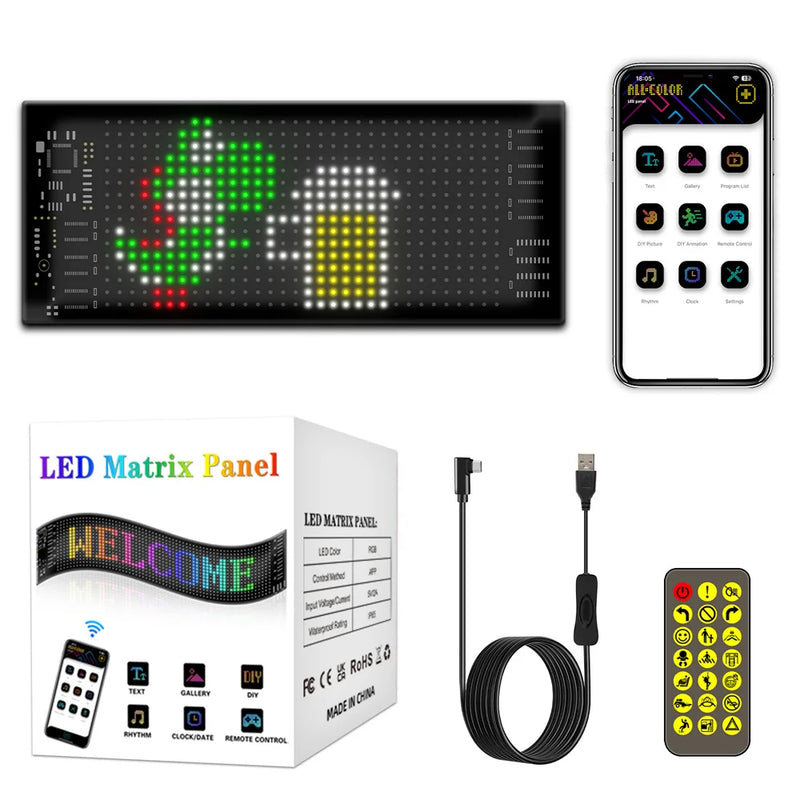 Painel LED RGB para Carro - Matriz de Animação LED Programável Tela Flexível | Controle via App Bluetooth | Luz Personalizável para DIY